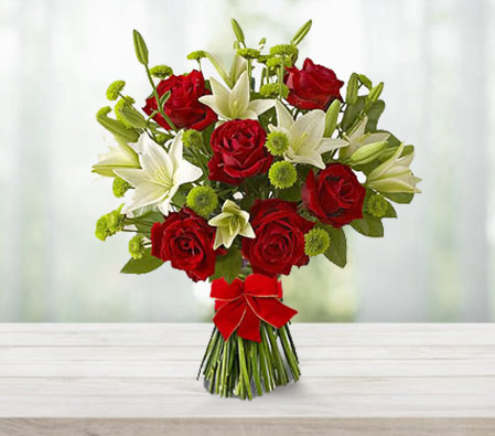 Magical Love - Red Roses & White Lilies Bouquet-Green,Mixed,Red,White,Rose,Lily,Chrysanthemum,Bouquet