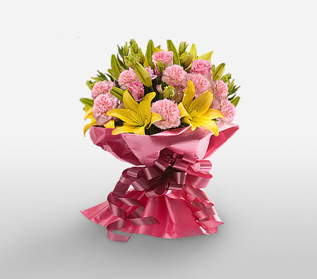 Exotic Xiamen-Mixed,Pink,Yellow,Carnation,Lily,Mixed Flower,Bouquet