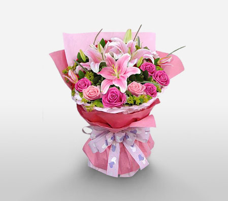 Pink Delight-Pink,Lily,Rose,Bouquet