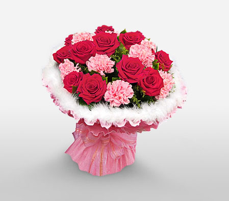 Glowing Bride - Roses & Carnations-Mixed,Pink,Red,Carnation,Mixed Flower,Rose,Bouquet
