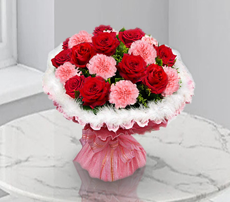 Blushing Romance-Mixed,Pink,Red,Carnation,Mixed Flower,Rose,Bouquet