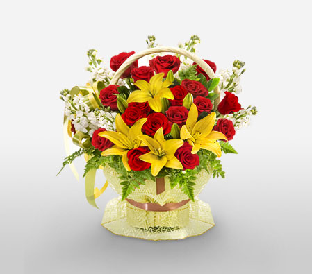 Lion Grove-Mixed,Red,Yellow,Lily,Mixed Flower,Rose,Bouquet