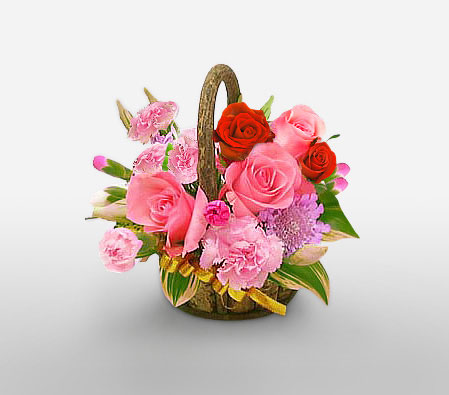 Birthday Flowers Basket-Pink,Red,Rose,Carnation,Arrangement,Basket