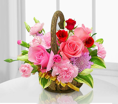 Mixed Flowers in Basket-Pink,Red,Rose,Carnation,Arrangement,Basket