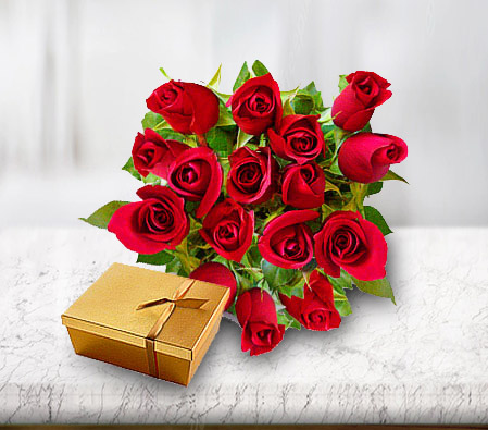 Dozen Roses & Chocolates-Red,Chocolate,Rose,Arrangement,Bouquet
