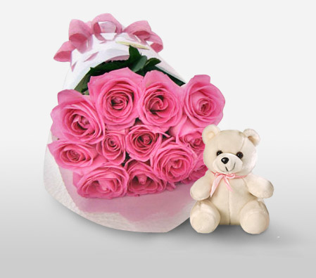Dreamy Fantasy - 12 Roses + Teddy-Pink,Rose,Teddy Bear,Bouquet