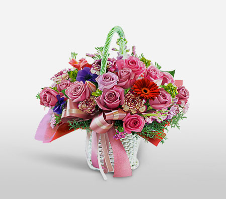 Modern Charm-Blue,Pink,Red,Carnation,Daisy,Gerbera,Iris,Mixed Flower,Rose,Arrangement,Basket