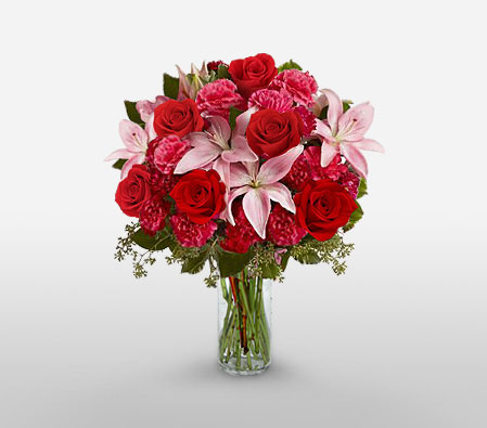 Amour Sedate-Pink,Red,Rose,Mixed Flower,Lily,Carnation,Arrangement