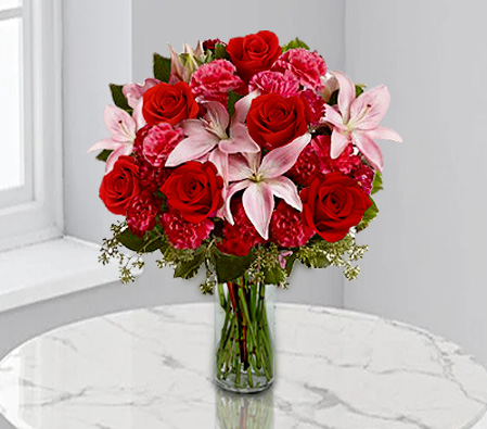 Florid Love - Anniversary Arrangement-Pink,Red,Rose,Mixed Flower,Lily,Carnation,Arrangement