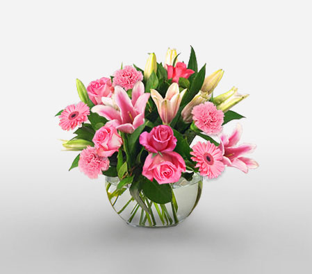 Majestic Fervor-Pink,Rose,Mixed Flower,Lily,Gerbera,Daisy,Carnation,Arrangement
