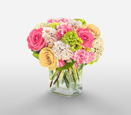 Picture Perfect - Roses & Carnations-Green,Mixed,Pink,Yellow,Carnation,Mixed Flower,Rose,Arrangement