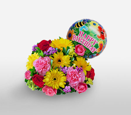 Happy Day-Mixed,Pink,Red,Yellow,Balloons,Carnation,Daisy,Gerbera,Mixed Flower,Rose,Bouquet