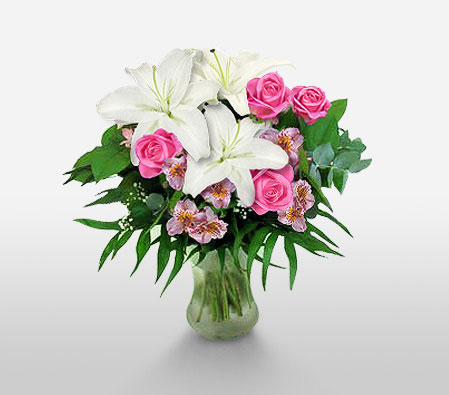 Tranquility-Pink,White,Lily,Rose,Bouquet