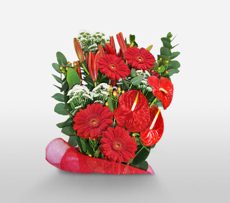 Red Flame-Red,Anthuriums,Gerbera,Mixed Flower,Arrangement