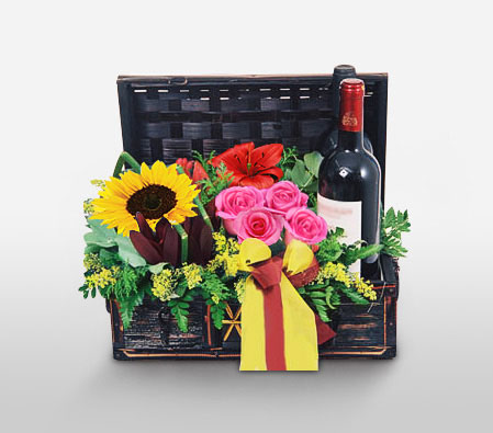 Celebrations Gift Basket-Mixed,Pink,Red,Yellow,Gerbera,Mixed Flower,Rose,SunFlower,Wine,Basket,Hamper