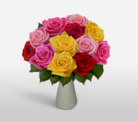 Dozen Rainbow Roses-Pink,Red,Yellow,Rose,Arrangement
