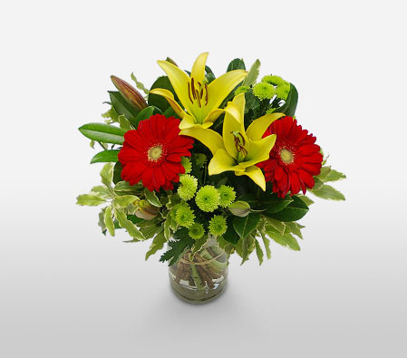 Canberra Charms - Mix Flower Bouquet-Green,Mixed,Red,Yellow,Gerbera,Lily,Mixed Flower,Bouquet