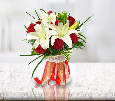 Love N Romance - Roses + Lilies-Red,White,Lily,Rose,Bouquet