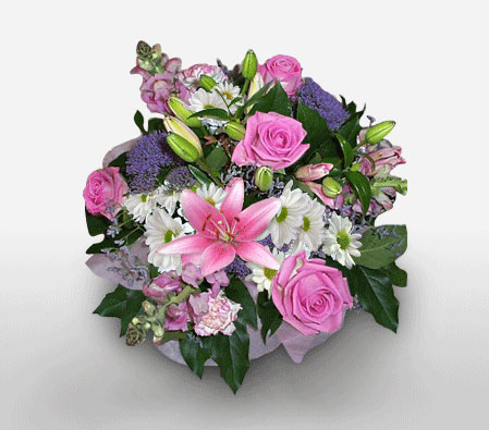 Debonair-Pink,Purple,White,Daisy,Gerbera,Lily,Mixed Flower,Rose,Bouquet
