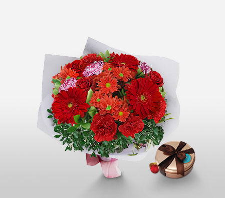 Red Hot Passion-Mixed,Orange,Pink,Red,Rose,Mixed Flower,Gerbera,Daisy,Chrysanthemum,Chocolate,Carnation,Bouquet