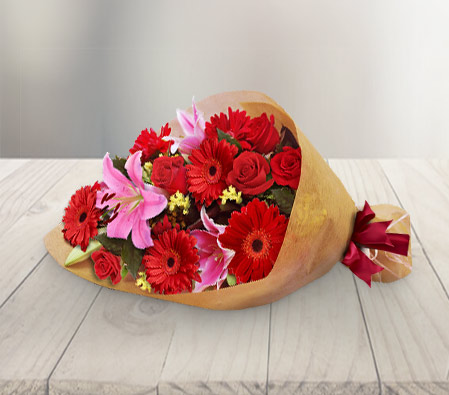 Scarlet Blush - Bouquet of Mixed Flowers-Pink,Red,Daisy,Gerbera,Lily,Rose,Bouquet