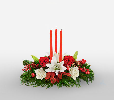 Candlelight Centerpiece-Green,Red,White,Lily,Rose,Candle,Centerpiece,Arrangement