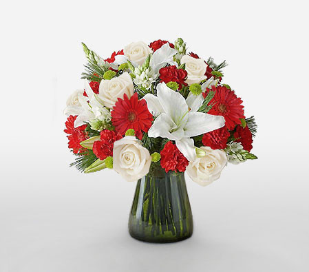 Festive Holiday Arrangement-Red,White,Gerbera,Lily,Mixed Flower,Rose,Arrangement