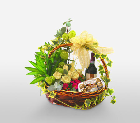 Christmas Hamper-White,Chocolate,Rose,Wine,Basket