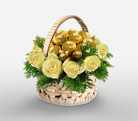 Roses And Chocolicious Wishes-White,Chocolate,Rose,Basket