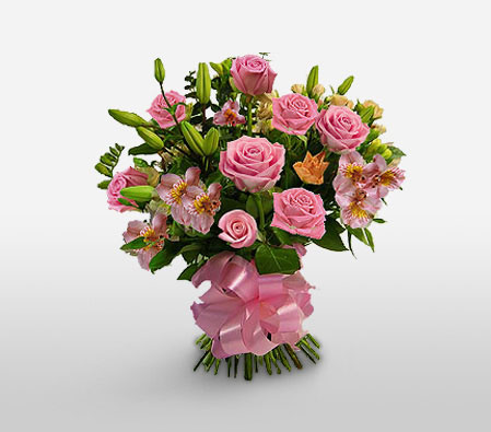 Rose And Lily Bouquet-Pink,Rose,Mixed Flower,Lily,Alstroemeria,Bouquet