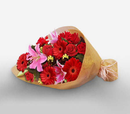 Scarlet Fervor-Red,Gerbera,Mixed Flower,Rose,Bouquet