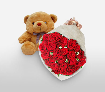 Abracos E Beijos - 2 Dozen Roses + Teddy-Red,Rose,Teddy,Bouquet