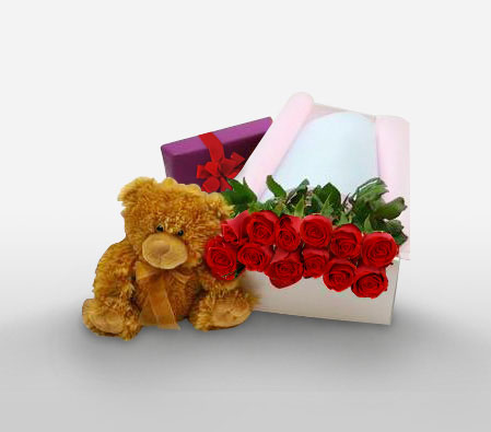 Bear Hugs-Red,Chocolate,Rose,Teddy,Hamper