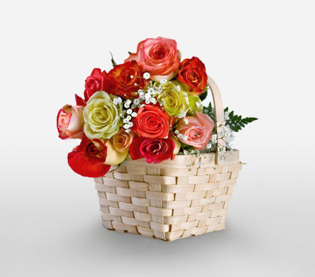 Rainbow Roses In Basket-Mixed,Pink,Red,Yellow,Rose,Arrangement,Basket