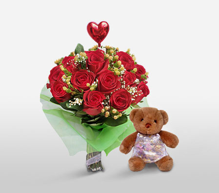 Resplendent-Red,Balloons,Chocolate,Rose,Teddy,Bouquet