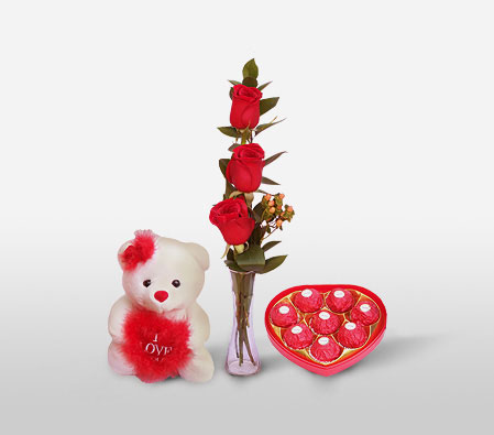 Valentines Surprise-Red,Chocolate,Rose,Teddy,Arrangement