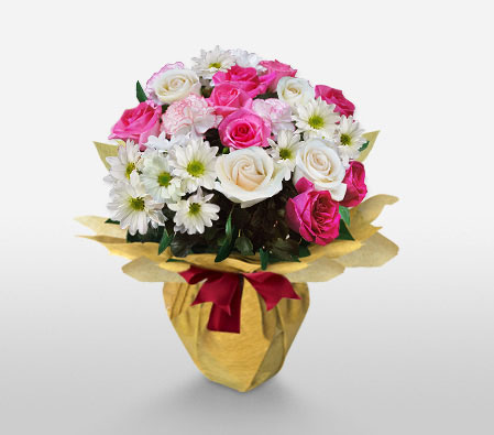 Regal Charms-Pink,White,Carnation,Chrysanthemum,Mixed Flower,Rose,Arrangement