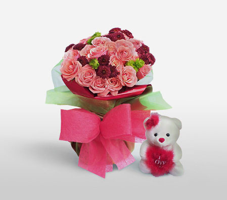 Colorful Cuddles-Pink,Red,Rose,Teddy,Bouquet