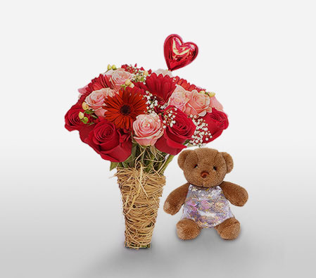 Cuddly Affair-Pink,Red,Teddy,Rose,Gerbera,Chocolate,Arrangement