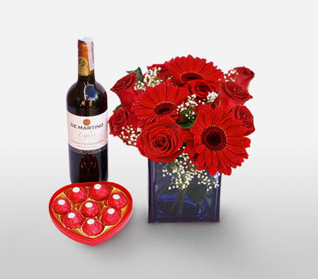 Romantic Feast-Red,Wine,Rose,Gerbera,Chocolate,Arrangement