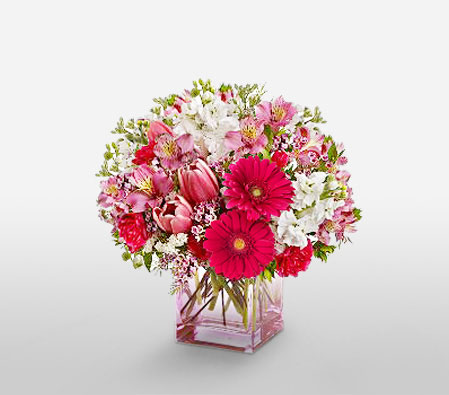 Eclectic Mixed Blooms-Mixed,Pink,Red,White,Carnation,Daisy,Gerbera,Mixed Flower,Tulip,Arrangement