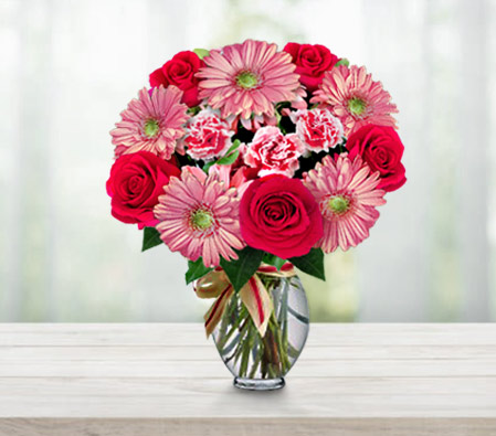 Bouquet of Mixed Flowers-Pink,Red,Carnation,Daisy,Gerbera,Mixed Flower,Rose,Bouquet