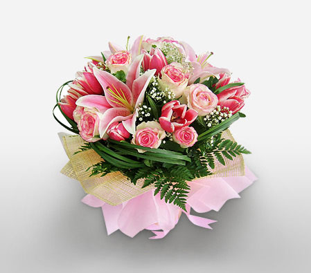 Starry Eyed - Stargazer Lilies & Pink Roses-Pink,Lily,Rose,Bouquet