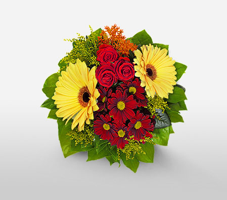 Glow Of Spring-Red,Yellow,Daisy,Gerbera,Rose,Bouquet