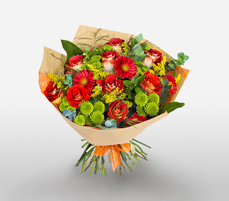 Shamwari Sunset-Green,Red,Chrysanthemum,Daisy,Gerbera,Mixed Flower,Rose,Bouquet