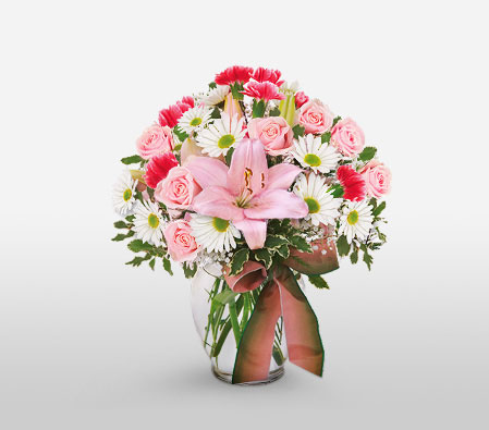 Simply Adorable-Mixed,Pink,Red,White,Carnation,Daisy,Gerbera,Lily,Mixed Flower,Rose,Arrangement