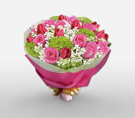 Pink Velvet-Pink,Red,Carnation,Mixed Flower,Rose,Tulip,Bouquet