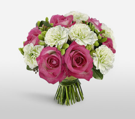 Bon Ton - Pink Roses & White Carnations-Pink,White,Carnation,Rose,Bouquet