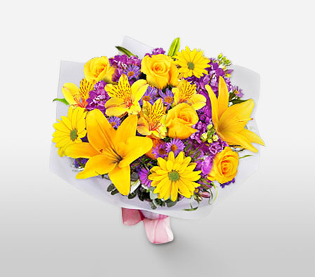 Of Purple And Yellows-Purple,Yellow,Alstroemeria,Daisy,Hydrangea,Lily,Mixed Flower,Rose,Bouquet