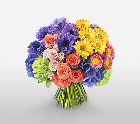 Explosion De Colores-Blue,Mixed,Orange,Purple,Yellow,Daisy,Gerbera,Hydrangea,Mixed Flower,Rose,Bouquet